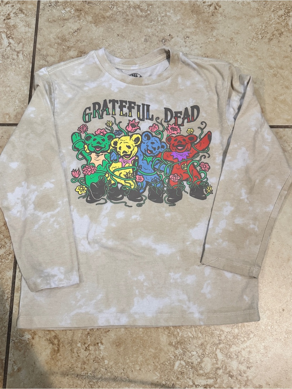 Grateful Dead Beige Tie-Dye Kids Long Sleeve Tee with Colorful Dancing Bears